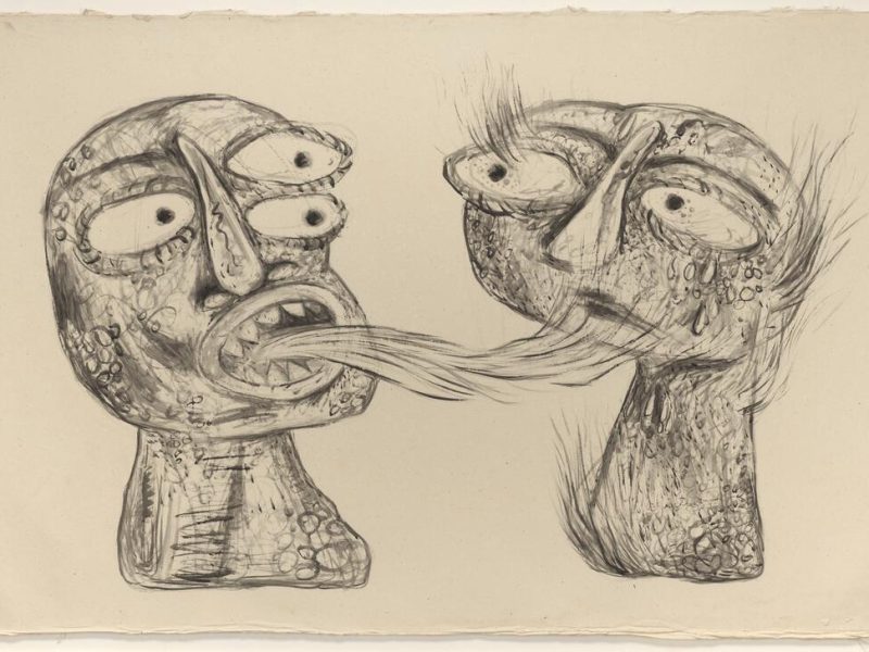 Black and white sketch of two abstract humanoid heads facing each other, with one head’s tongue reaching into the other’s mouth; both have exaggerated features and textured surfaces.