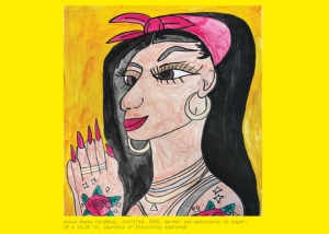 A drawing of a woman with long black hair, large lashes, a pink headband, hoop earrings, and tattooed hands, set against a yellow background.