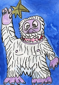 Cartoon yeti with white fur and purple skin holds a green star up in one hand, standing against a blue background.