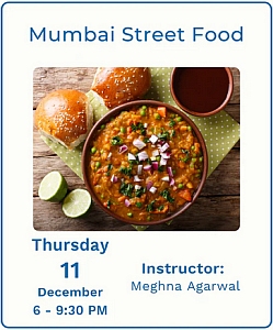 A bowl of Mumbai street food garnished with onions and peas, served with bread rolls, lime wedges, and a small bowl of sauce, with event details listed above and below the image.