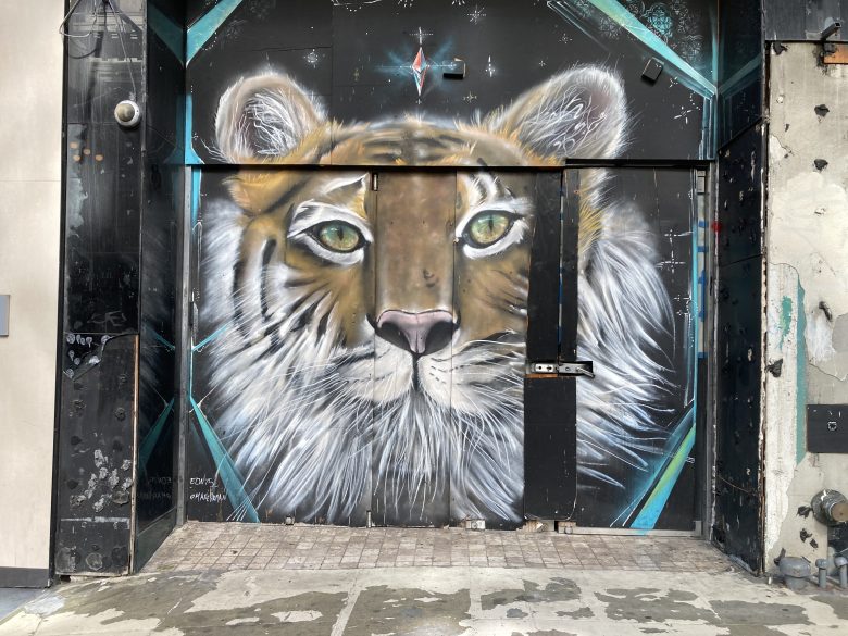 A realistic mural of a tiger's face with green eyes is painted on a set of large metal doors in an urban setting.