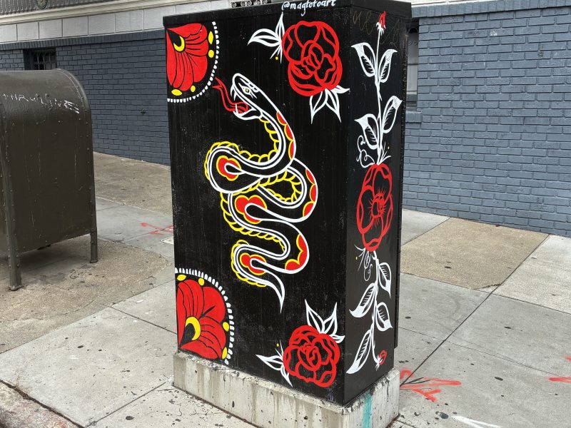 A black utility box features painted red flowers, white leaves, and a yellow snake with red markings, located on a city sidewalk beside a mailbox.