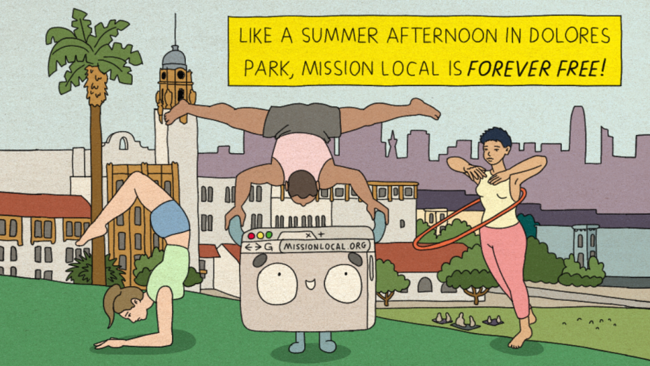 Three people perform acrobatics and hula hoop in Dolores Park with a Mission Local website cartoon nearby; text promotes Mission Local as "forever free.