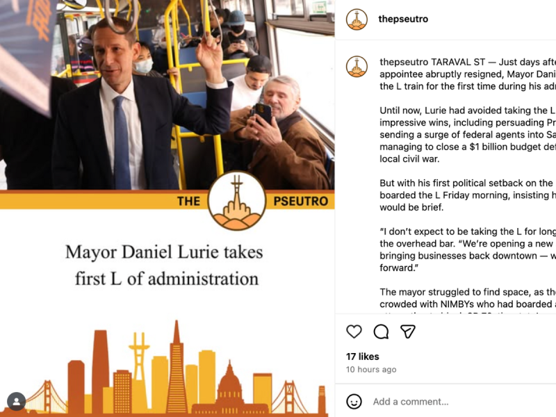 Mayor Daniel Lurie rides a crowded L train, holding onto an overhead bar, while passengers sit and stand around him; city graphics and headline text are overlaid.