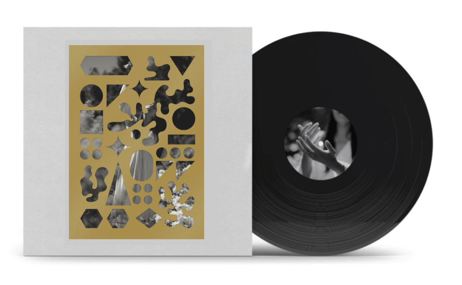 A vinyl record partially slid out from a square album cover featuring geometric cut-outs and abstract black-and-white images on a gold background.