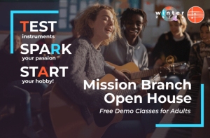 A group of adults play guitars and sing together in a music class, with text promoting a Mission Branch Open House and free demo classes for adults.