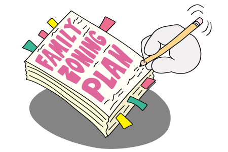 A hand holding a pencil writes on a thick document labeled "Family Zoning Plan" with colorful tabs sticking out from the pages.