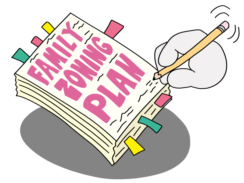 A hand holding a pencil writes on a thick document labeled "Family Zoning Plan" with colorful tabs sticking out from the pages.