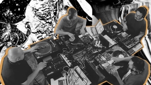 Four people using DJ equipment and mixers at a table, seen from above, with a black-and-white abstract background.