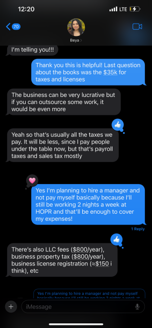 A text conversation discussing business taxes, LLC fees, and business licenses; one person plans to hire a manager to avoid paying themselves directly.