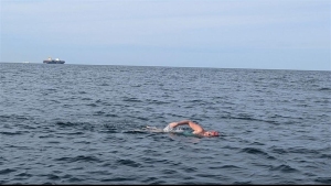 A person swims freestyle in open water with a ship visible in the distance under a cloudy sky.