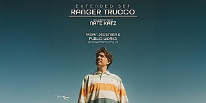 A young man stands under a clear blue sky wearing a striped shirt, with event details for a Ranger Trucco extended set featuring Nate Katz displayed above him.