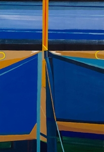 Abstract geometric painting with intersecting blue, yellow, and black shapes, and horizontal lines in varying shades of blue and brown.