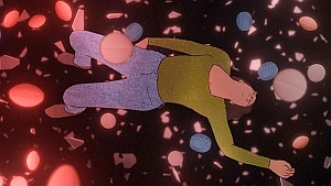 Animated person in a green shirt and blue pants floats among scattered pills and fragments on a dark background.