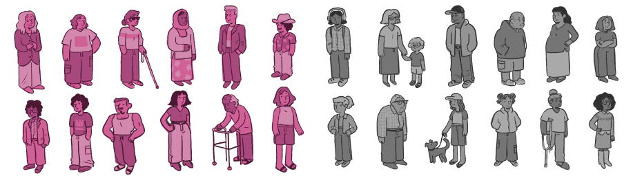 A diverse group of illustrated people with varying ages, genders, clothing, and physical abilities are standing in two horizontal rows, reflecting the vibrant community spirit found at Mission Local.