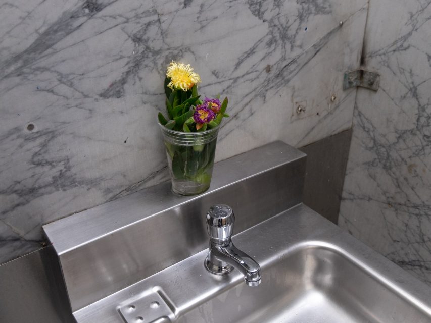A clear plastic cup with yellow and purple flowers is placed on a metal ledge above a stainless steel sink in a marble-tiled area.