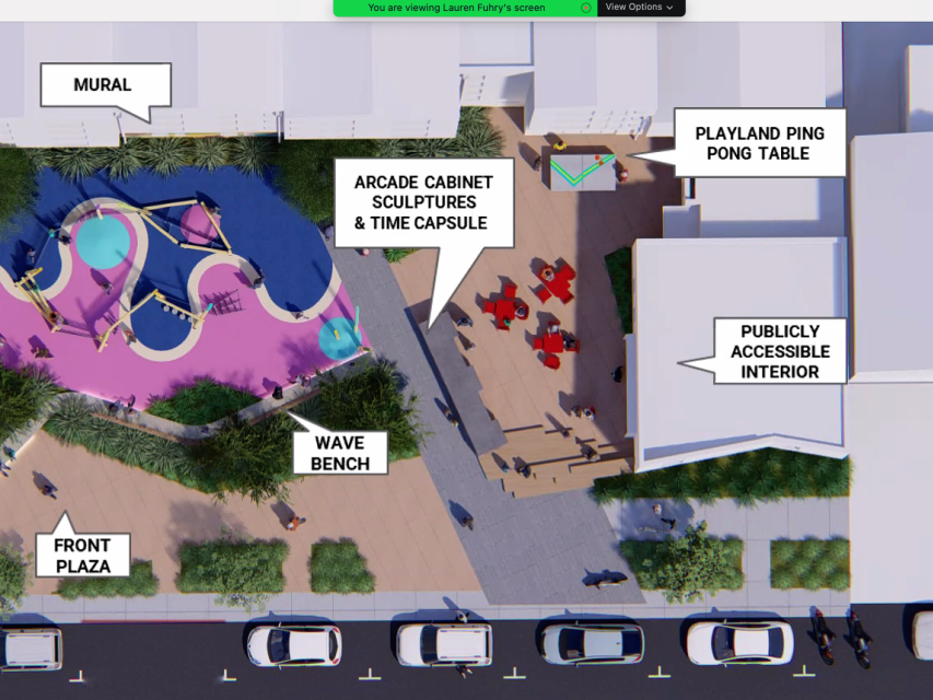 An overhead site plan shows labeled features: mural, arcade cabinet sculptures & time capsule, wave bench, playland ping pong table, publicly accessible interior, and front plaza.