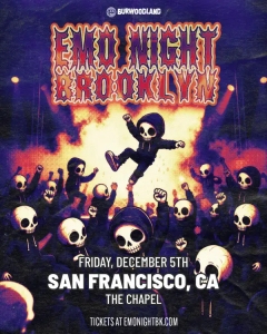Poster for Emo Night Brooklyn event featuring skeleton characters dancing, with event details: Friday, December 5th, San Francisco, CA, The Chapel. Tickets at emonightbk.com.