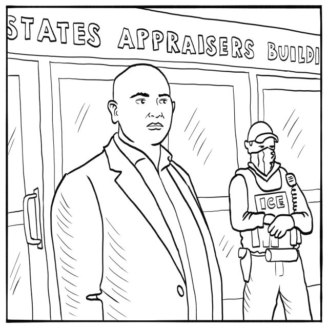 A man in a suit stands in front of a building labeled "Appraisers," with an ICE officer in tactical gear standing nearby.