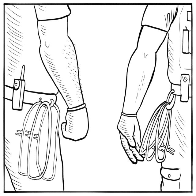 Two people stand side by side, each wearing a belt with coiled cords and tools attached to their waists. Only their arms and waists are visible.