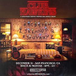 Living room decorated with Christmas lights and alphabet on wall, promoting a Stranger Things-themed dance night at Club Hawkins, Brick & Mortar, San Francisco, on December 31 for ages 21 and up.