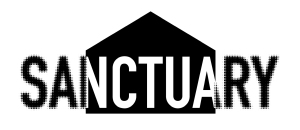The word "SANCTUARY" in bold black letters with a house-shaped roof over the central letters.