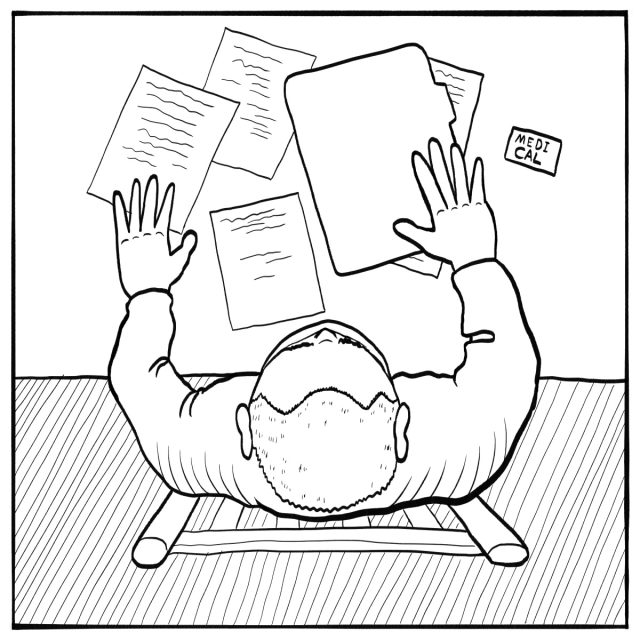 A person viewed from above sorts through scattered papers on a desk, with one folder labeled "MEDICAL" visible among the documents.