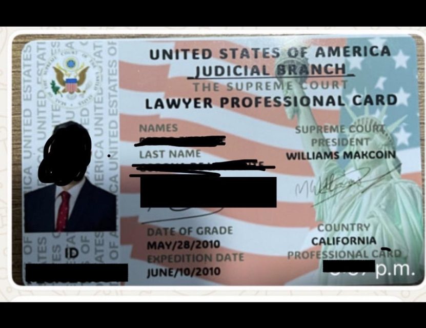 A United States Supreme Court lawyer professional card with personal details, a photo, an American flag background, and signatures; sensitive information is blacked out to help prevent scam attempts.
