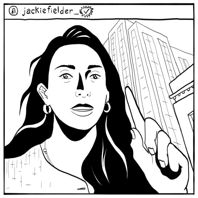 A person with long hair and hoop earrings points upward in front of a tall building, with "jackiefielder_" as the username at the top of the image.