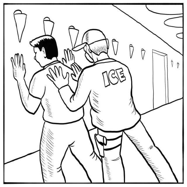 A person wearing an ICE jacket searches another person standing against a wall with hands raised.