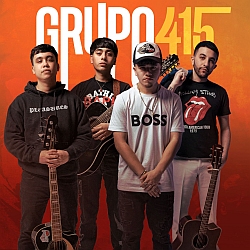 Four young men stand in front of an orange background with "GRUPO 415" text, each holding or standing near guitars, dressed in casual clothing.