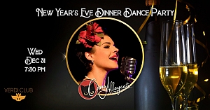 New Year's Eve Dinner Dance Party promo featuring a woman singing into a vintage microphone, with two glasses of champagne and event details listed.