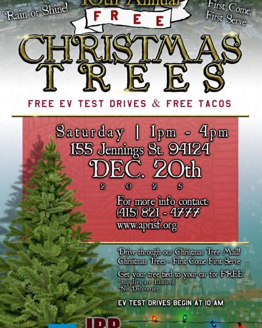 Bayview Buzz event flyer: Free Christmas trees, EV test drives, and tacos on December 20th, 1–4 pm at 155 Jennings St, San Francisco; supplies limited. Contact info and website included.