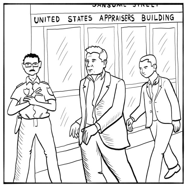 Three men stand outside the United States Appraisers Building; one wears a police uniform, the others are in suits, and they appear to be in motion.