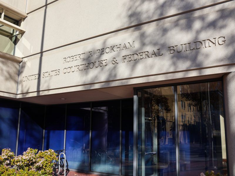 Exterior view of the Robert F. Peckham United States Courthouse & Federal Building with sunlight and shadows on the facade.