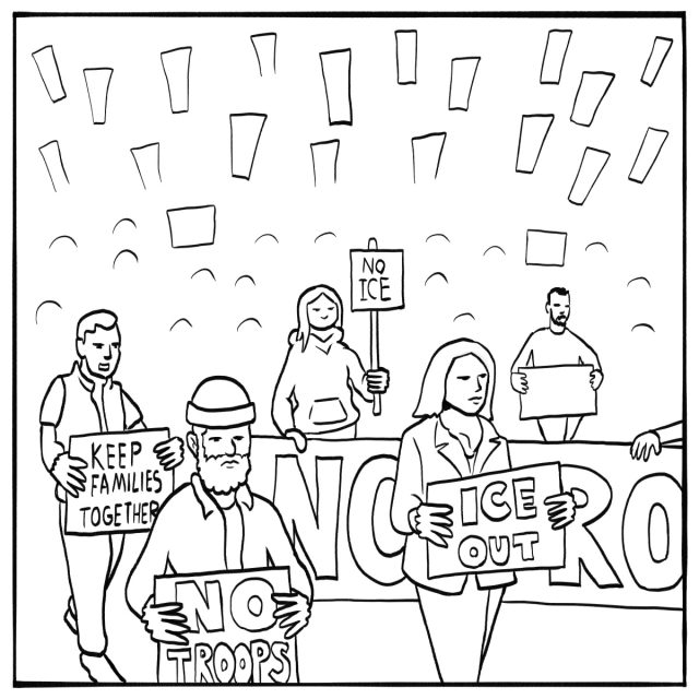 Five people hold protest signs reading "KEEP FAMILIES TOGETHER," "NO TROOPS," "NO ICE," and "ICE OUT" in front of a large crowd and a banner.