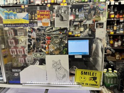 A man standing behind a glass display with pictures of cats.