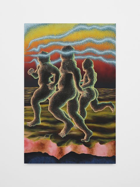 Three abstract, glowing human figures run across a surreal landscape under a vivid, multicolored sky with swirling clouds.