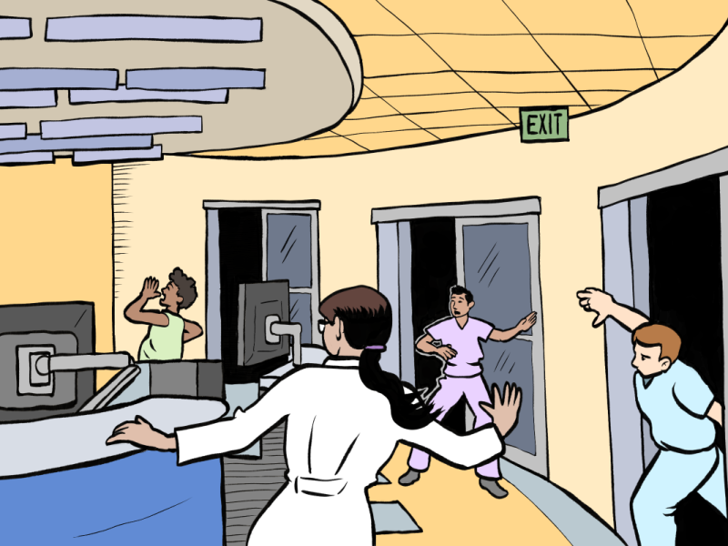 Four people in scrubs and lab coats react with alarm in a hospital or clinic reception area, some moving toward exits labeled "EXIT.