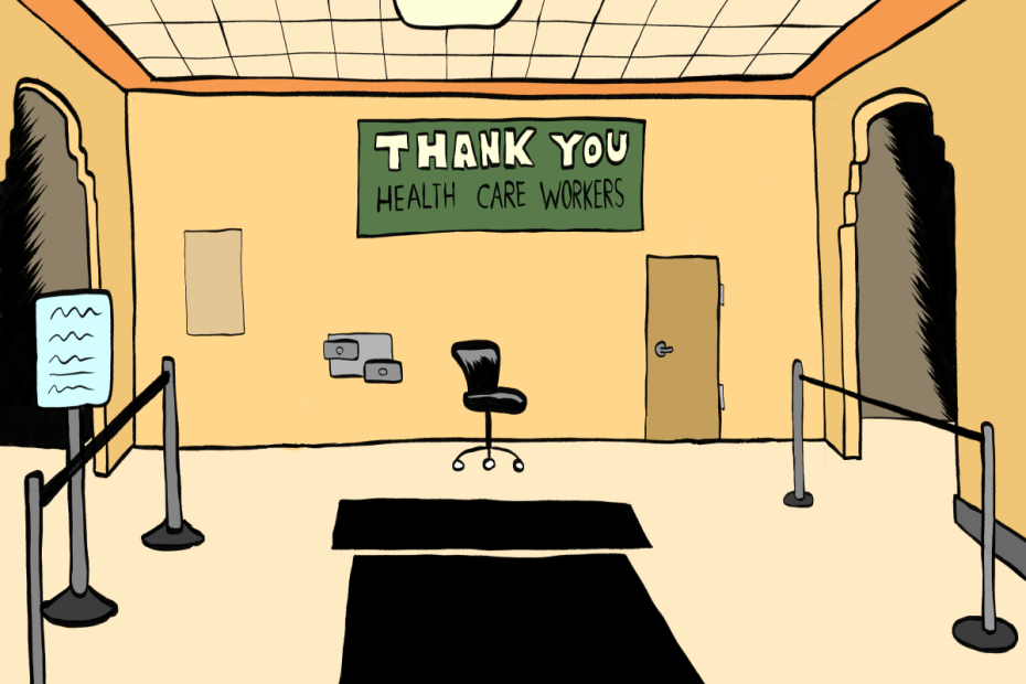 A chair sits in a mostly empty room with a sign above reading "Thank You Health Care Workers" and a few barriers set up along the sides.