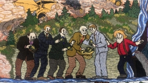 Six men in suits and casual attire stand in a row outdoors, with one person holding a basket; a colorful, patterned background features trees and abstract elements.