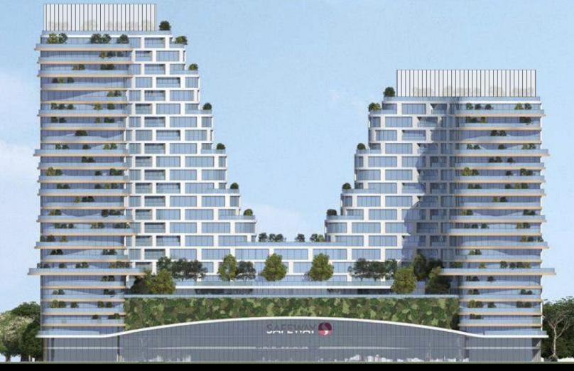 Modern high-rise building with two stepped towers connected by a green terrace, featuring large glass windows and rooftop greenery against a blue sky.