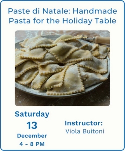 A plate of handmade ravioli is shown under text promoting a holiday pasta-making class on December 13, taught by Viola Buitoni.