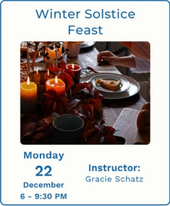 A table set with candles, autumn leaves, and a plate of food, promoting a Winter Solstice Feast event on December 22 from 6 to 9:30 PM with instructor Gracie Schatz.