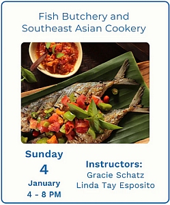 A plate with two cooked fish topped with chopped vegetables, next to a bowl of sauce. Text describes a Southeast Asian cookery class on January 4 from 4–8 PM.