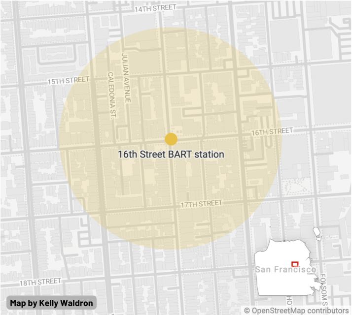 Map showing the 16th Street BART station in San Francisco with a highlighted circular area around the station.