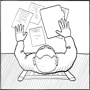 A person viewed from above sits at a desk with scattered papers, holding one sheet above the rest, closely examining it for signs of a scam.