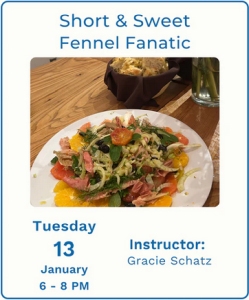 A plate of fennel salad with oranges and herbs sits on a wooden table; event details for a fennel-themed class are listed below the image.