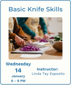 Two people chop vegetables on cutting boards during a Basic Knife Skills class, held on Wednesday, January 14, 6-9 PM, instructed by Linda Tay Esposito.