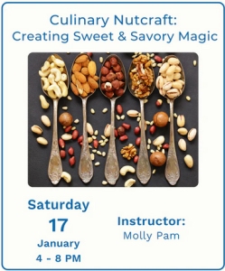 Five spoons filled with assorted nuts and seeds are arranged on a dark surface; event details for a culinary nutcraft class are displayed around the image.